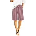 thumbnail image 6 of Xysaqa Bermuda Shorts for Women Casual Summer Womens Striped Comfy Linen Shorts Knee Length High Waisted Shorts for Women Long Pull On Beach Shorts with Pockets S-3XL, 6 of 9