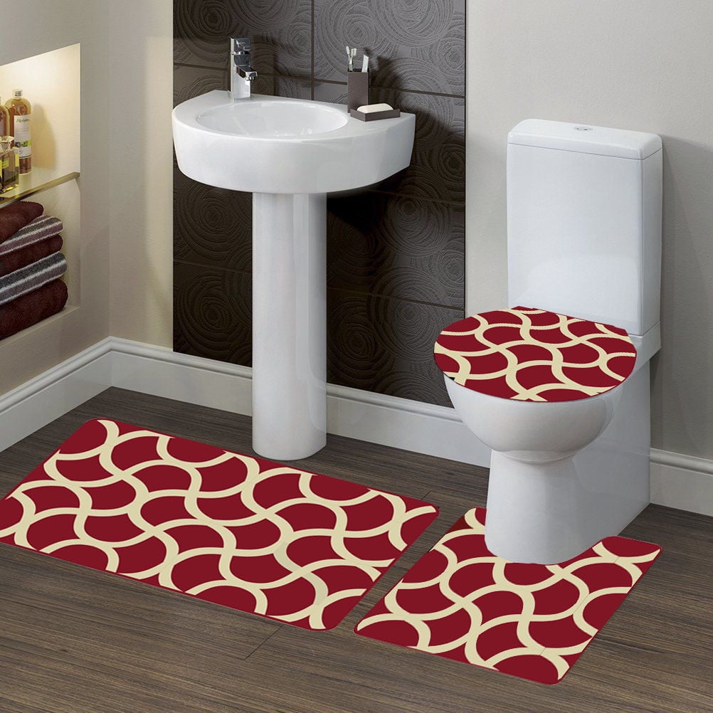 3PC (7) Geometric Burgundy HIGH QUALITY Jacquard Bathroom Bath Rug