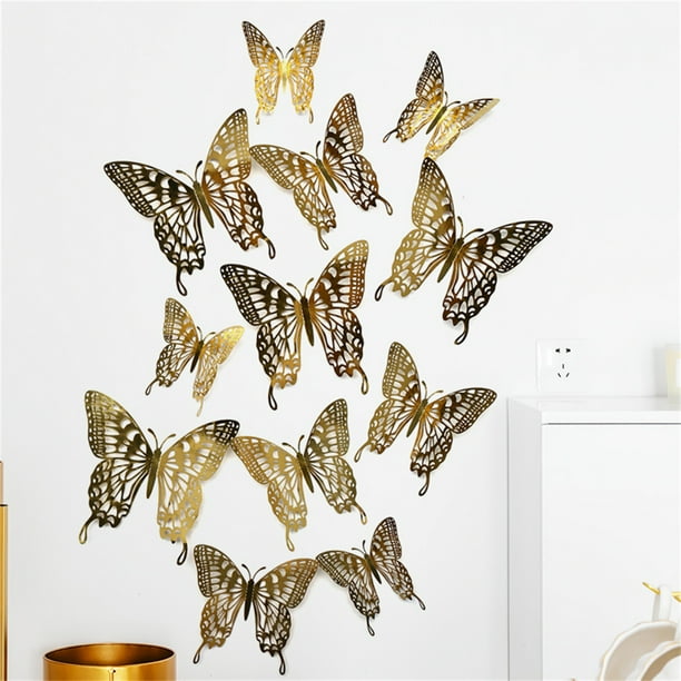 12 pegatinas de pared de mariposa hueca con textura de metal 3D. Wmkox8yii fhajkh528