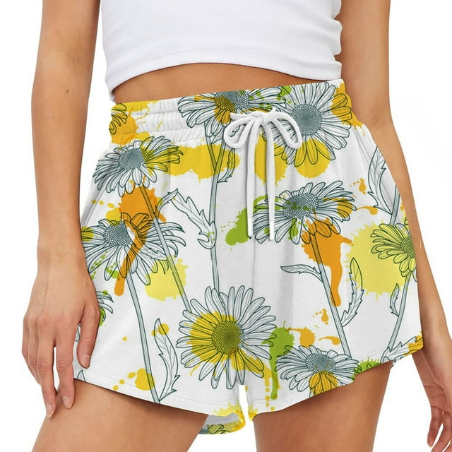 Aayomet Womens Workout Shorts Summer Comfy Athletic Shorts Printing Elastic Running Shorts (Yellow, L)