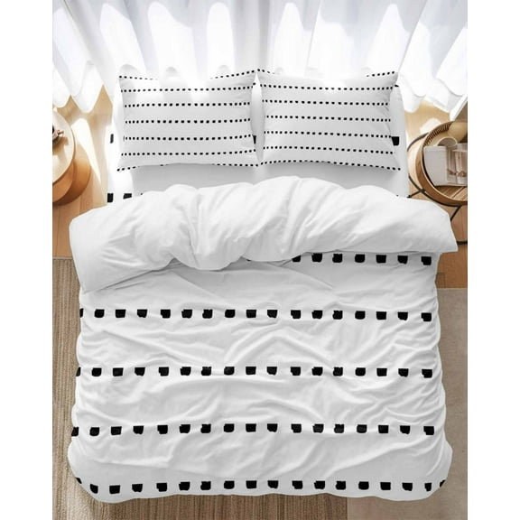 Boho Polka Bedding Duvet Cover Set Twin Size 4 Pieces Dot Stripes Geometric Black White Bedding Set with Zipper Closure, 1 Comforter Cover 68x86 Inches 1 Flat Sheet & 2 Pillow Cases