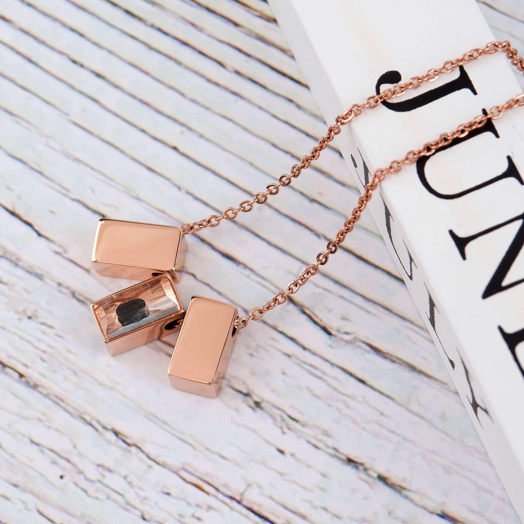 Anavia See You Cremation Necklace for Ashes, Mini See Through Urn Necklace, Mini Cube Cremation Pendant, Cremation Jewelry, Memorial Jewelry, Mini Urn w/ Multicolor Cubes-[Rose Gold]