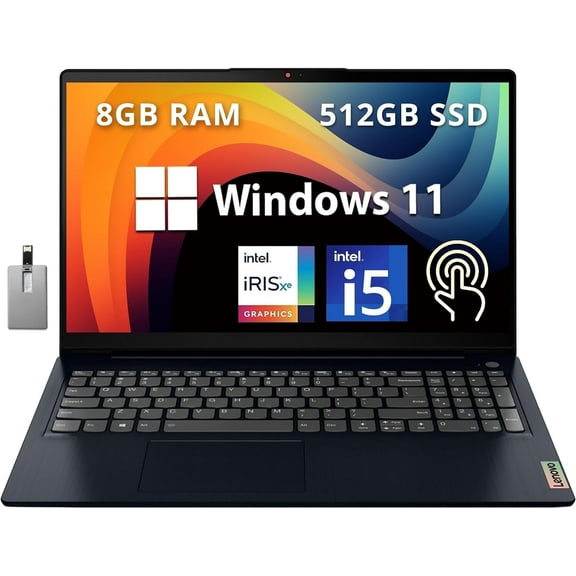 Lenovo IdeaPad 3i 15.6" FHD Touchscreen Laptop, Intel Core i5-1155G7, 8GB RAM, 512GB PCIe SSD, Intel Iris Xe Graphics, Webcam, WiFi 6, Dolby Audio, Win 11, Abyss Blue, 32GB Hotface USB Card