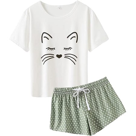 

MyFav Women s Cute Cartoon Print Tee and Shorts Pajama Set S
