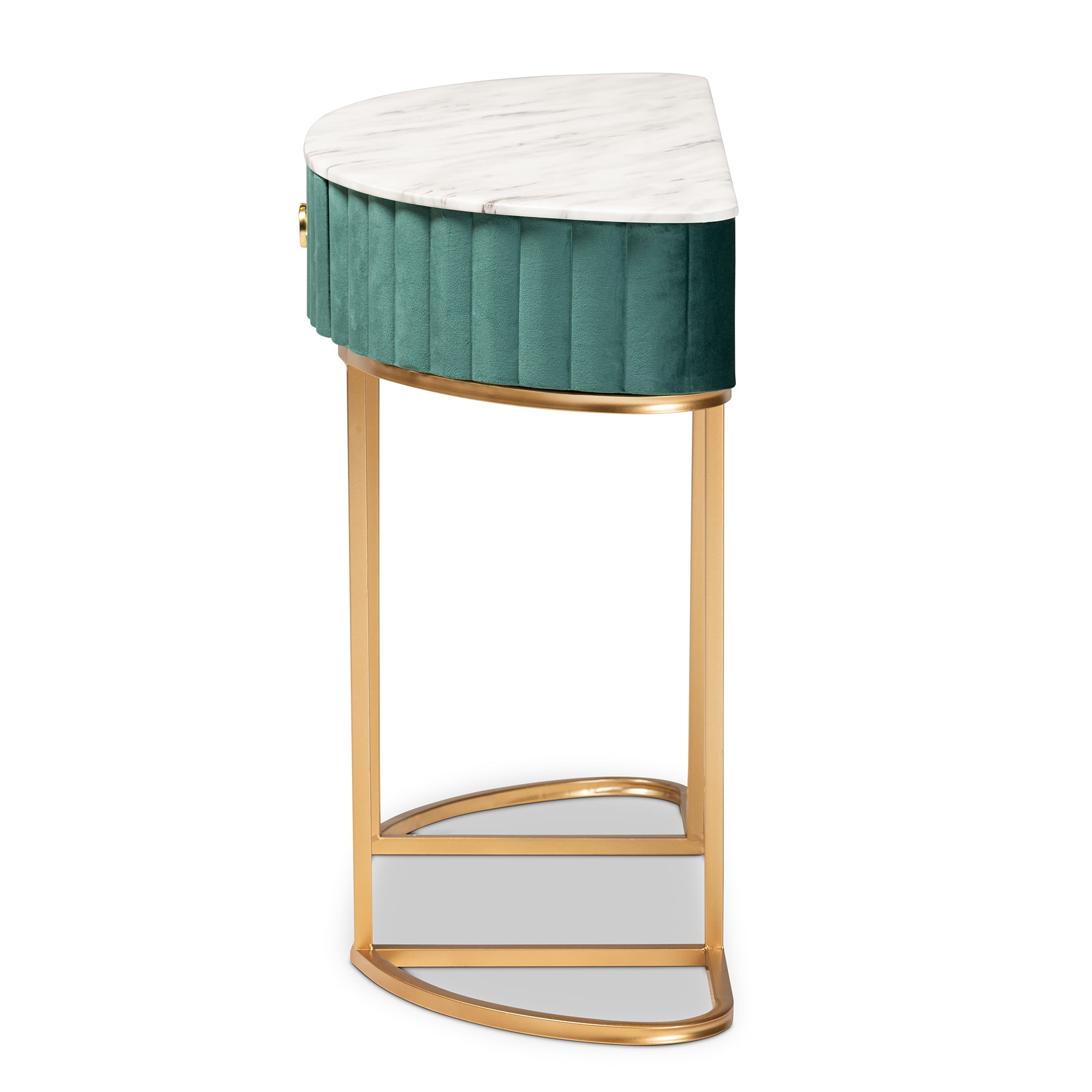 Baxton Studio Beale Luxe and Glam Green Velvet Upholstered and Brushed Gold Finished 1-Drawer Console Table with Faux Marble Tabletop