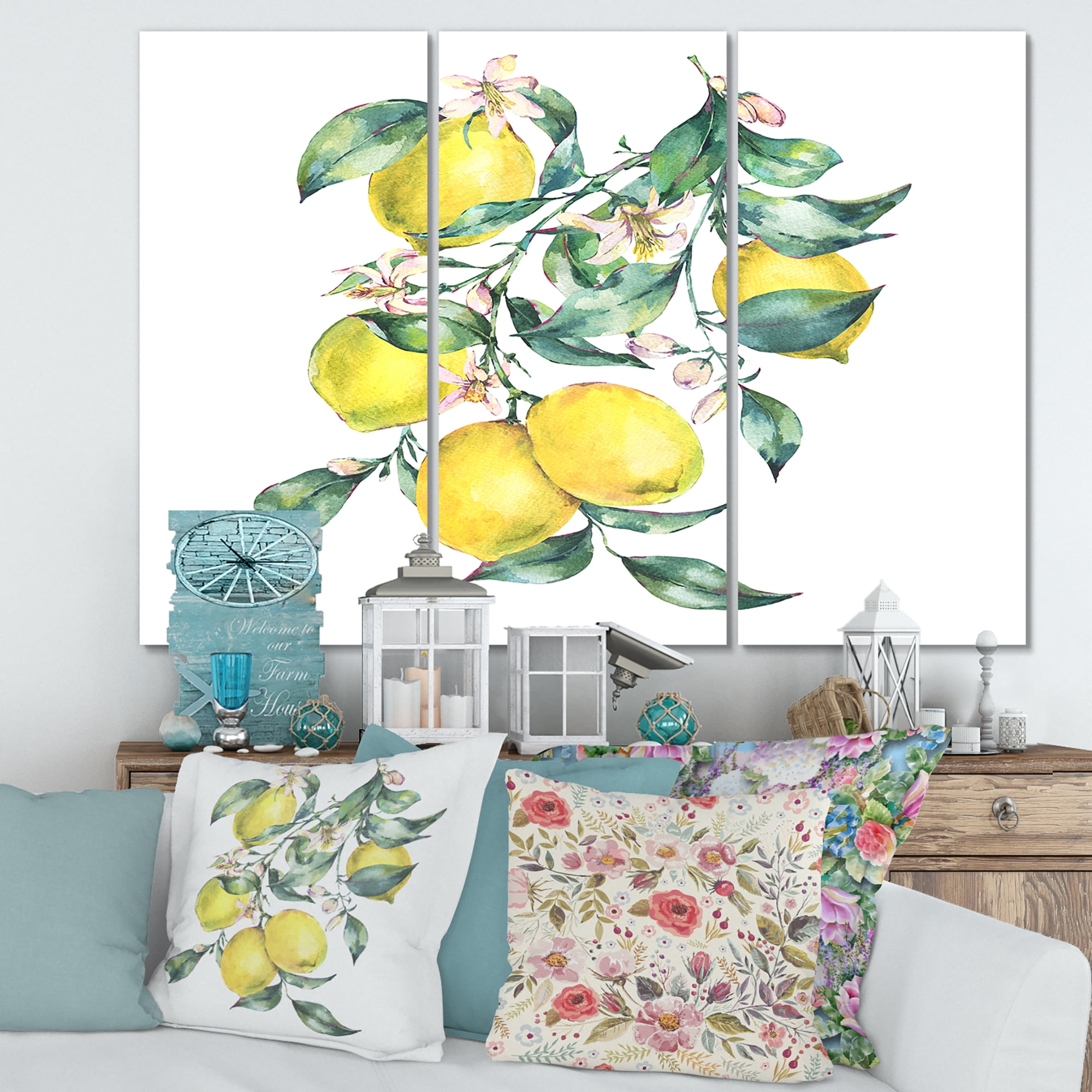 Designart ' Branch of Leaves and Yellow Lemons I ' Tropical Canvas Wall Art Print