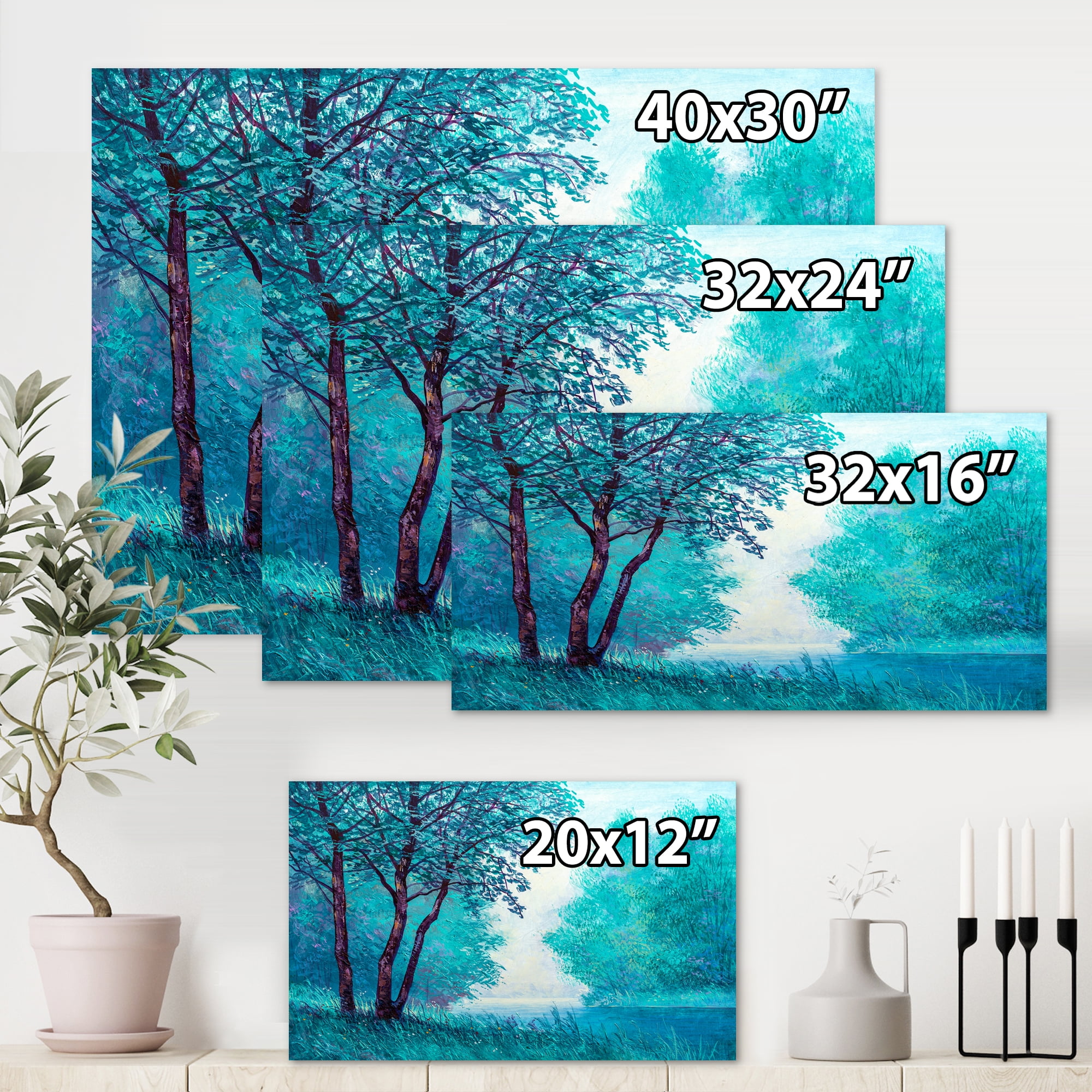 Designart ' Blue Coloured Tree Impression By Riverside ' Lake House Canvas Wall Art Print