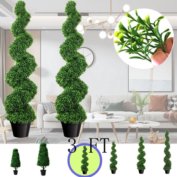 Set of 2 Artificial Spiral Boxwood with PE Leaves, 3 Ft Topiary Trees Artificial Outdoor Boxwood Plants, All-Year Green Fake Twisted Tree for Porch