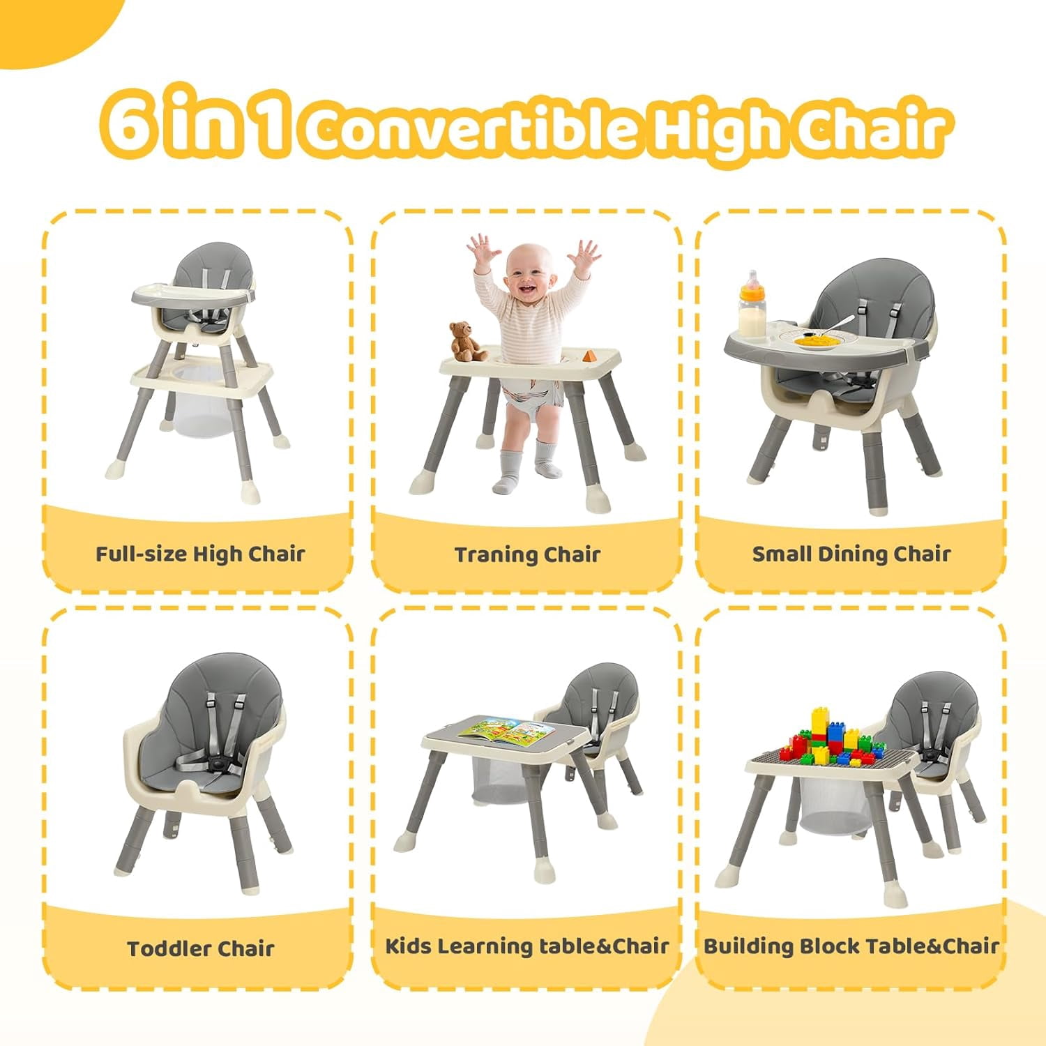 Zimtown Baby High Chair, 6 in 1 Convertible High Chairs for Babies and Toddlers, Portable Feeding Chair with 5-Point Safety Harness, Adjustable Dining Tray, Gray