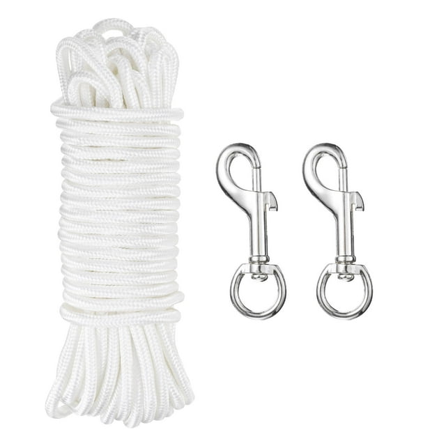 50Ft Flag Pole Rope 15/64" Nylon Flag Pole Halyards Rope with 2 Pcs Swivel Clips Hooks, White