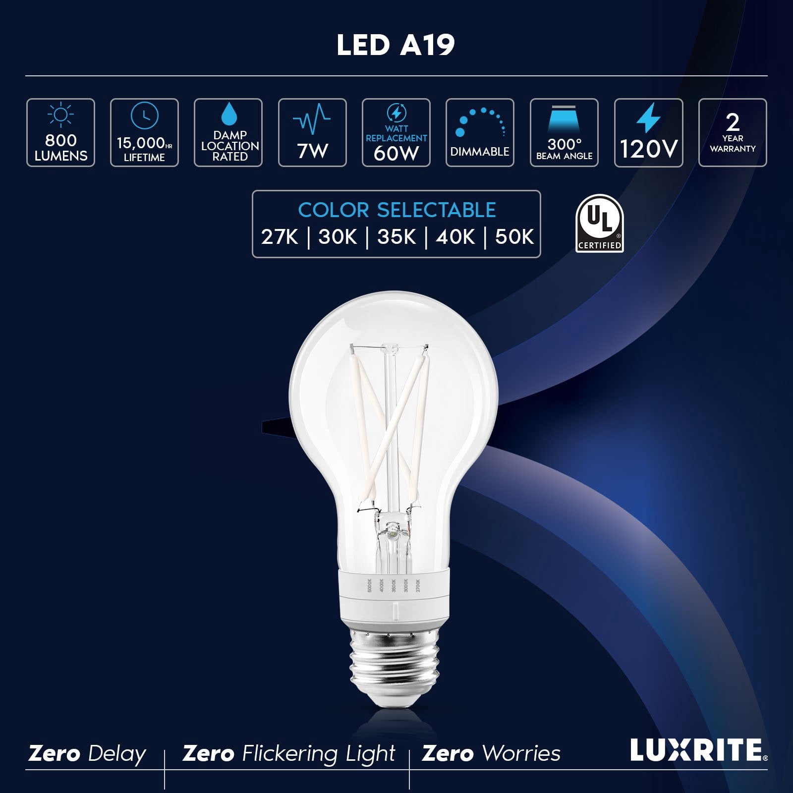 Luxrite Vintage A19 LED Light Bulb 7W=60W 5CCT Dimmable 800 Lumens Standard LED Edison Bulb UL Listed E26 Base 12-Pack
