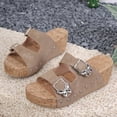 thumbnail image 4 of Women's Platform Sandals Cork Footbed Wedges Heels Slip on Slides Fashion Butterfly Buckle Strap Comfy Arch Suppport Summer Beach Vacation Dress Shoes Khaki Size 7, 4 of 6