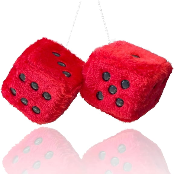 RIONIMA Fuzzy Plush Dice for Car Mirror, 3 Inch Retro Red Hanging Ornament with Black Leather Dots, Interior Decor