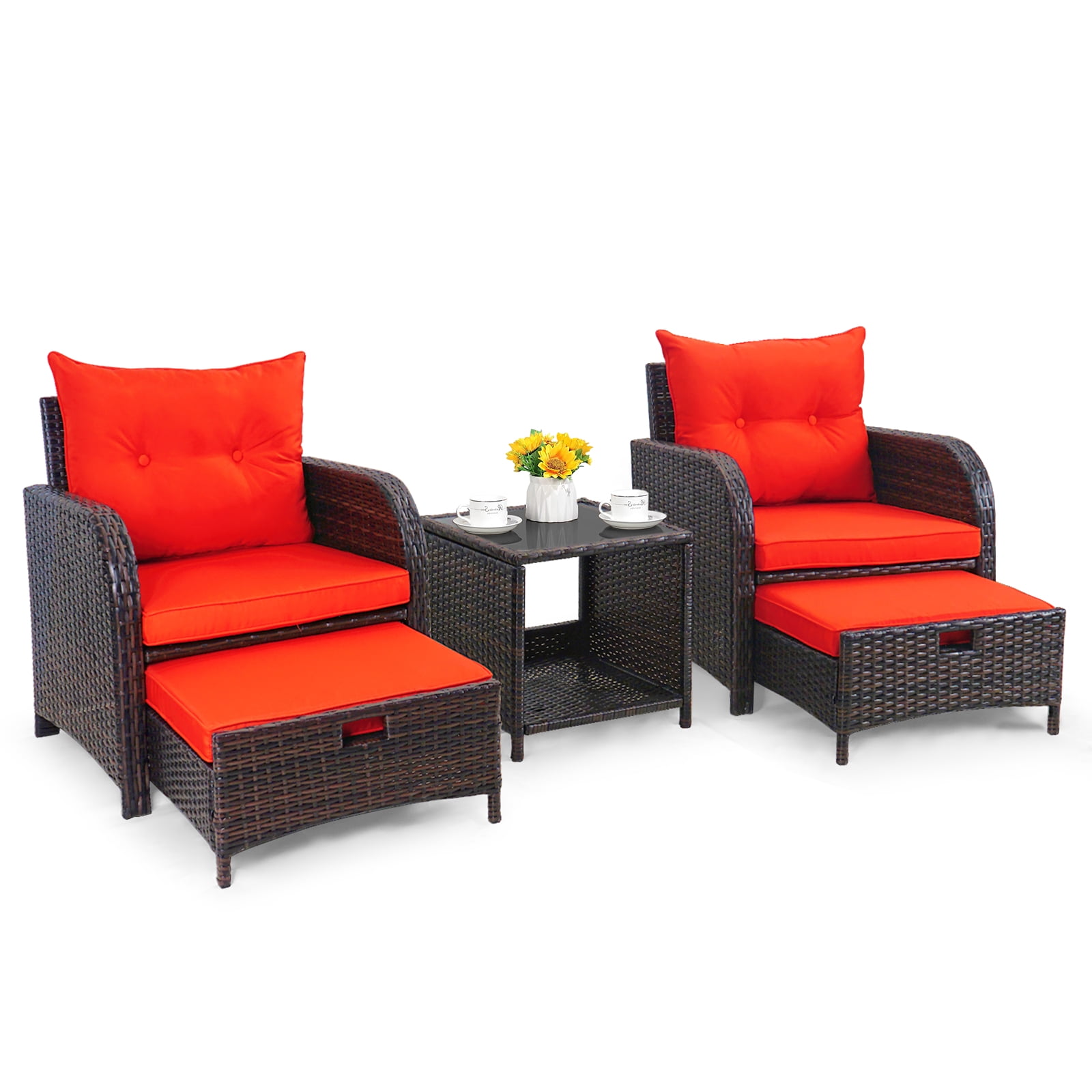 5 Piece Rattan Outdoor Patio Furniture Set, 5 Pieces Wicker Outdoor Patio Chairs Set with Ottoman, Orange