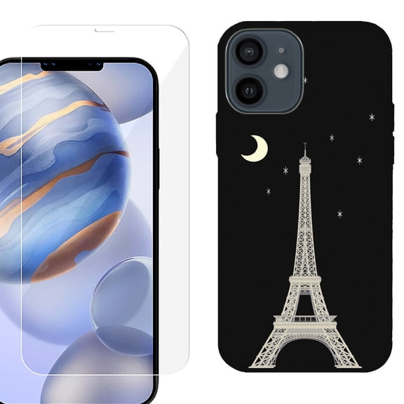Slim-Fit Protective Phone Case (Black) compatible with iPhone 12 / iPhone 12 Pro, with Tempered Glass Screen Protector, by OneToughShield ® - Eiffel Tower Moon