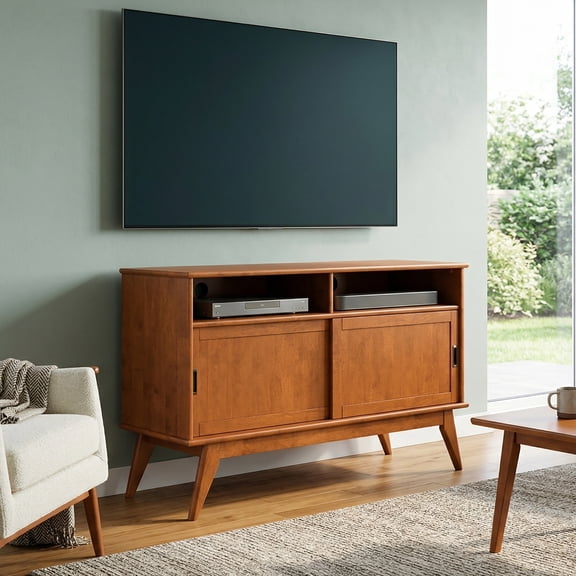 Draper 54 inch Wide Solid Wood Mid Century Tall TV Stand in Teak Brown For TVs up to 60 inches