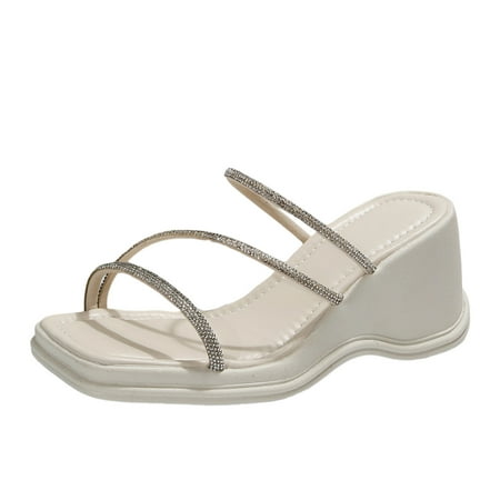 

Quealent Adult Women Sandal Womens Breathable Walking Sandals Ladies Fashion Summer Rhinestone Decoration Open Toe Thick Dressy Sandals Women Wedge Beige 7.5
