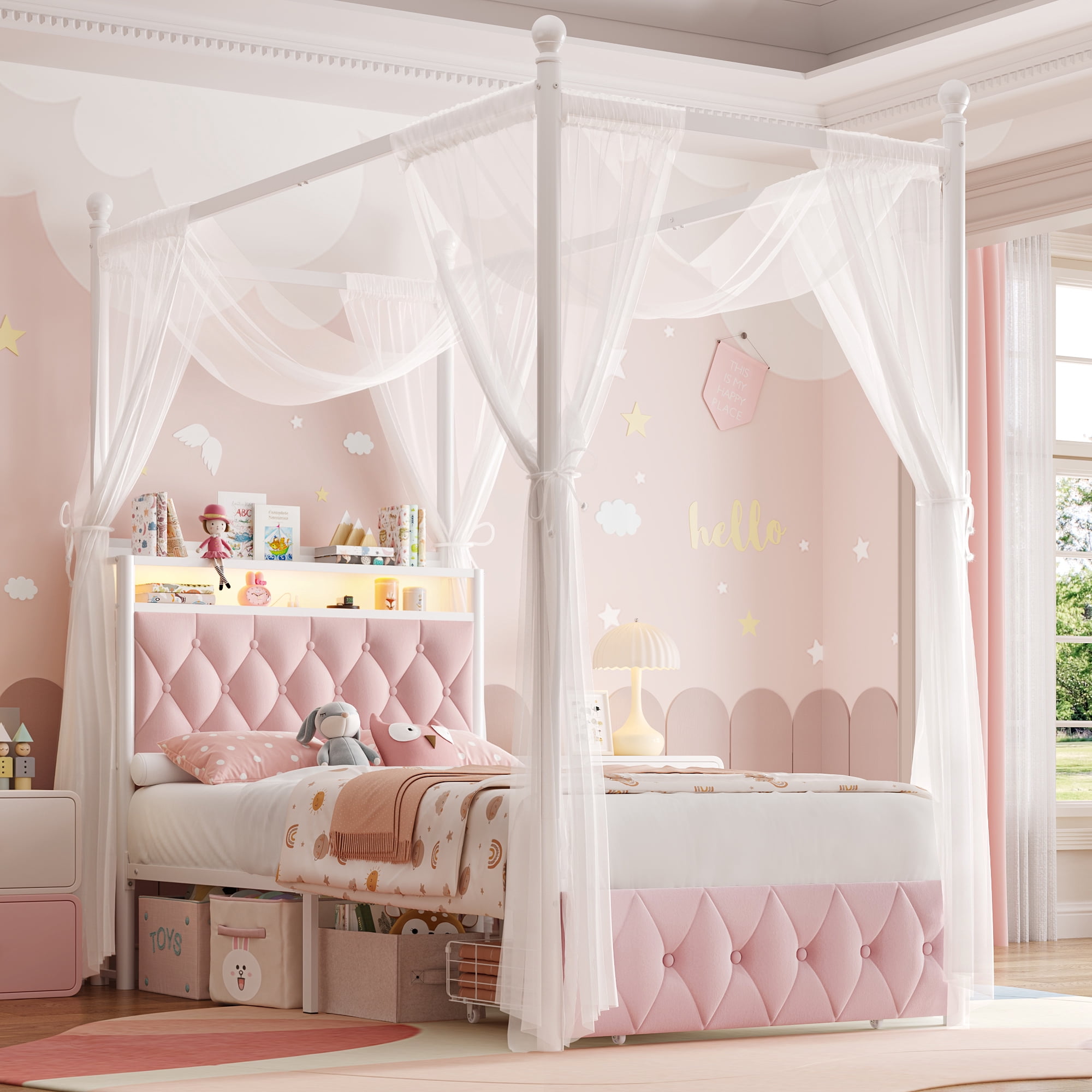 Hiphuta Twin Size Upholstered Canopy Bed with Charging Station & Storage Drawer, LED Beds with 4 Removable Posts, Twin Bed Frame, Pink