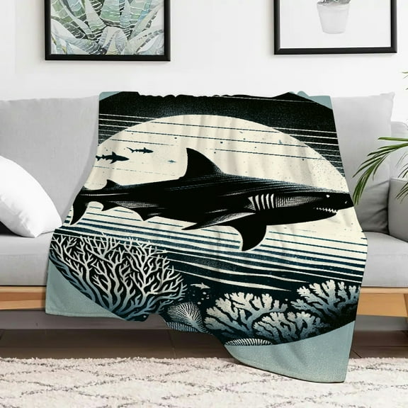 Shark marine life ocean Home Leisure Flannel Blanket, Flannel Flannel Blankets for Couch Bed Sofa, Warm Cozy Decorative Blanket Decor Gift Multifunctional gift blanket for sofas, travel, camping,
