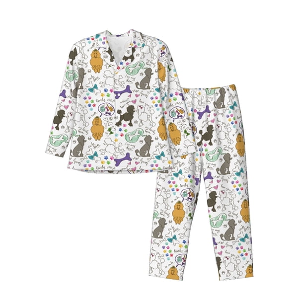 Balery Colorful Poodle Dog Pijama para Hombre de Dos Piezas con Manga Larga, Conjunto de Dormir y Descanso Suave con Bolsillos-Small