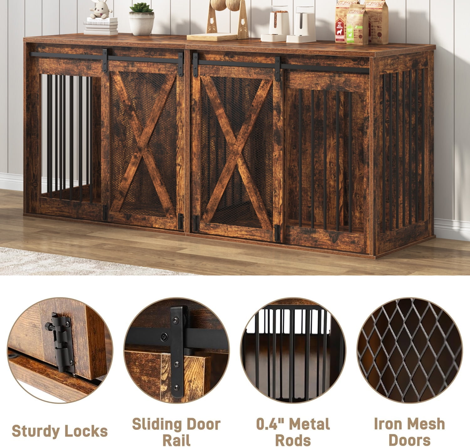 Nordee 78.7" XXL Dog Crate Furniture for 2 Large Dogs, Heavy Duty Double Dog Cage Large Breed, 35.4" Tall Thick Wooden Dog Kennel TV Stand with Divider, Rustic Brown