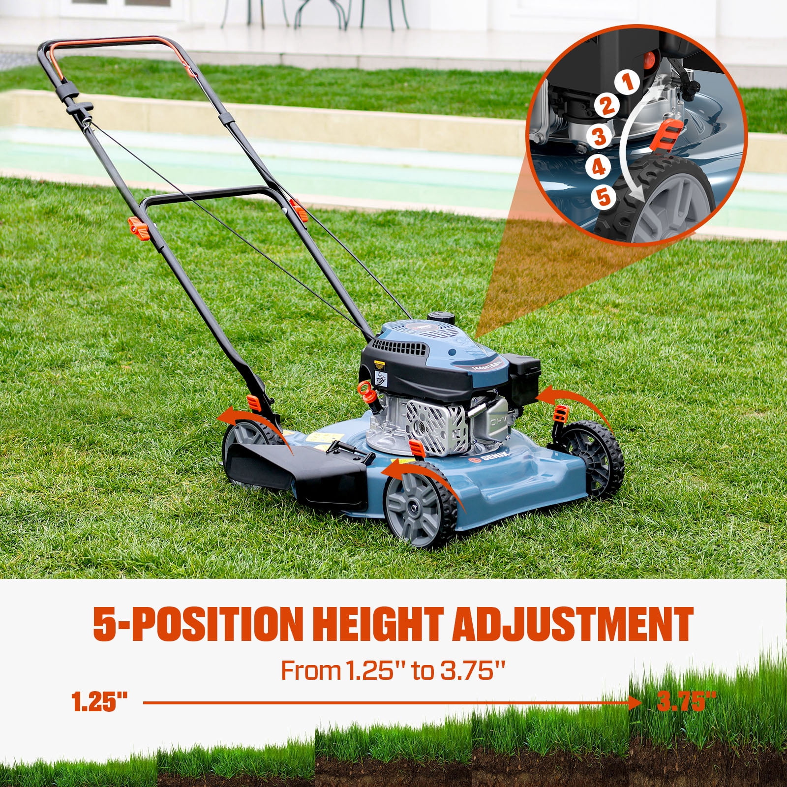 SENIX 20-Inch Gas Lawn Mower,144cc 4-Stroke Engine Push Mower with Steel Deck, Side Discharge & 5-Position Height Adjustment, Foldable
