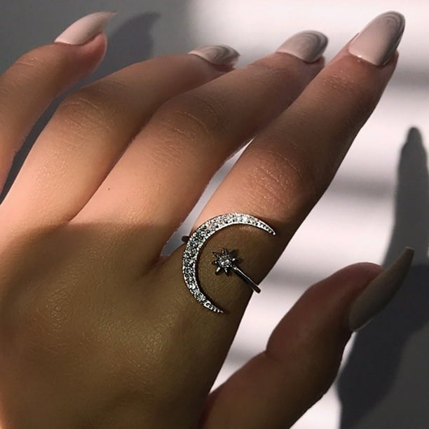 Plata Ley 925 Anillo Ajustable Estrella - Diseño Abierto, Regalo Para Mujeres Y Niñas Regalo Cumpleaños Ajustable