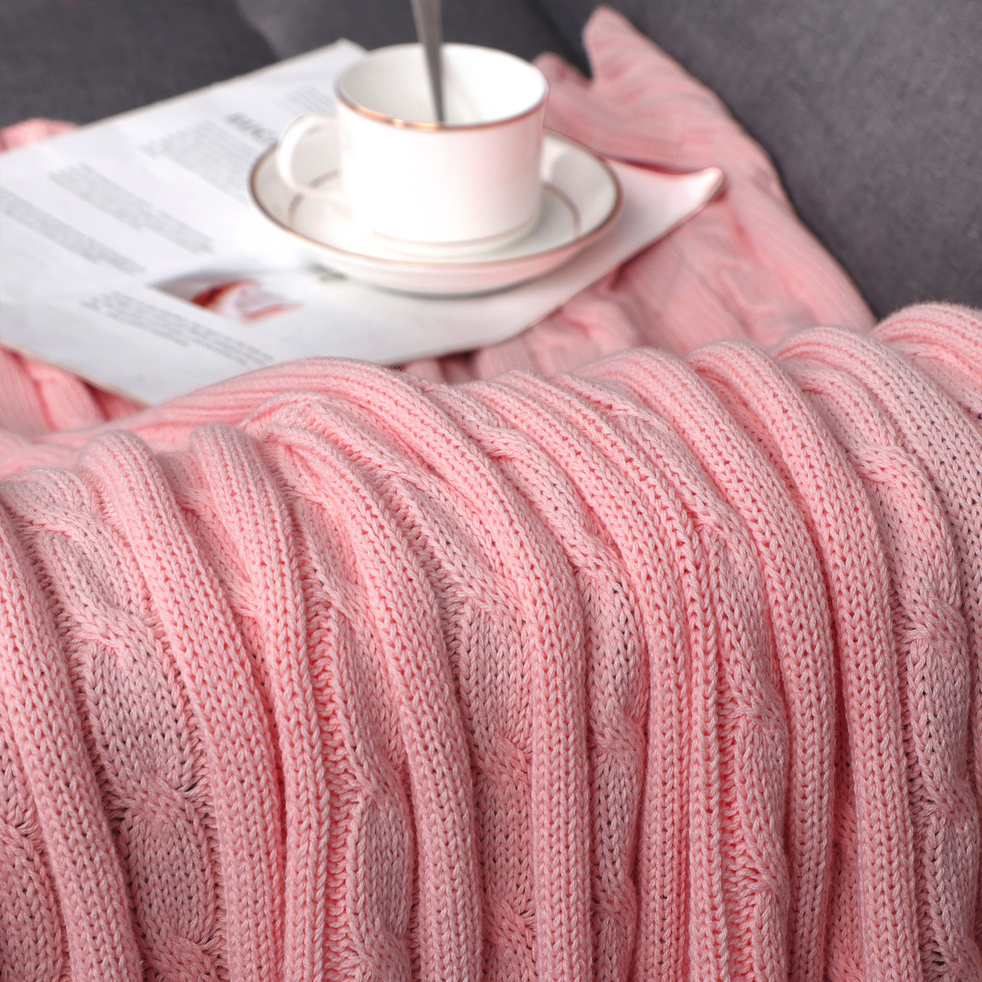 Unique Bargains 100% Cotton Cable Knit Throw Bed Blanket Blush Pink 60" x 78"