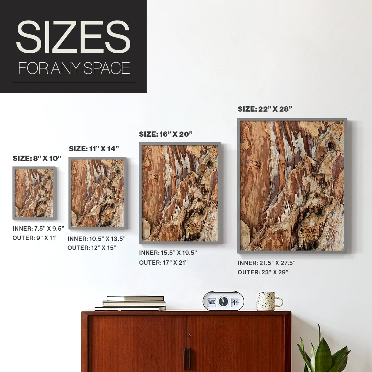 Tree Texture Triptych I Framed Print in Gray Solid Wood Framed Print No Nail Hanging