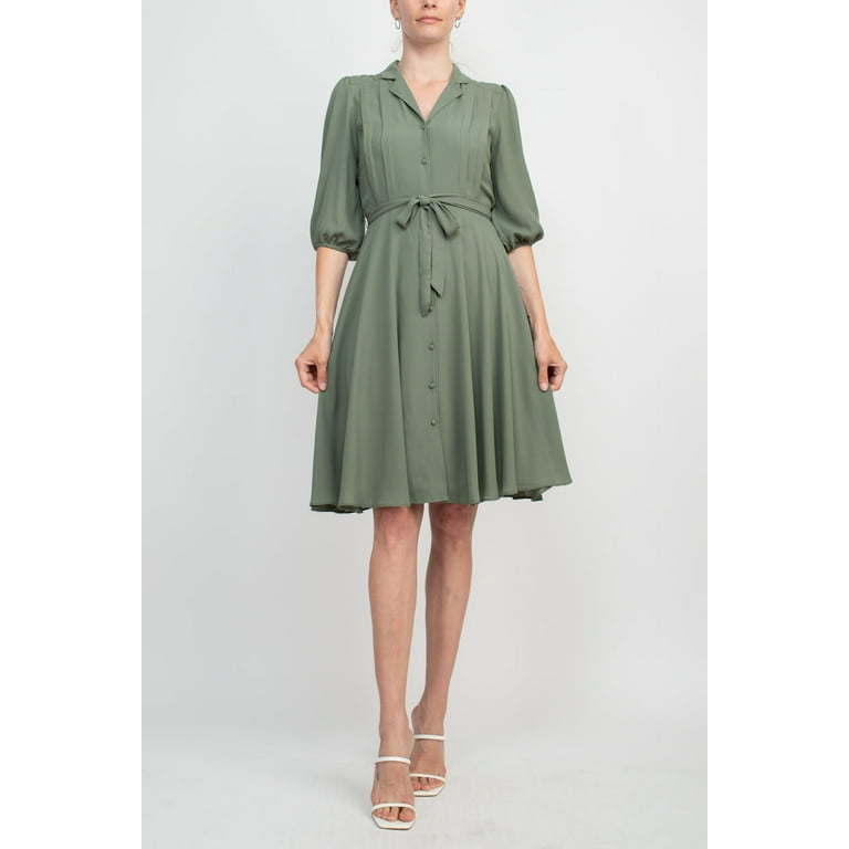 Nanette Lepore Collared Short Sleeve Pleated Tie Waist Solid Rayon Dress PRAIRIE SAGE 16