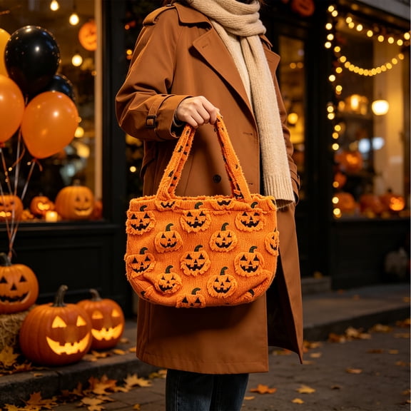 Halloween Pumpkin Tote Bag, Cute Fuzzy Orange Cloth Handbag, Soft Reusable Shoulder Bag for Shopping, Parties, Fall Festival and Daily Use
