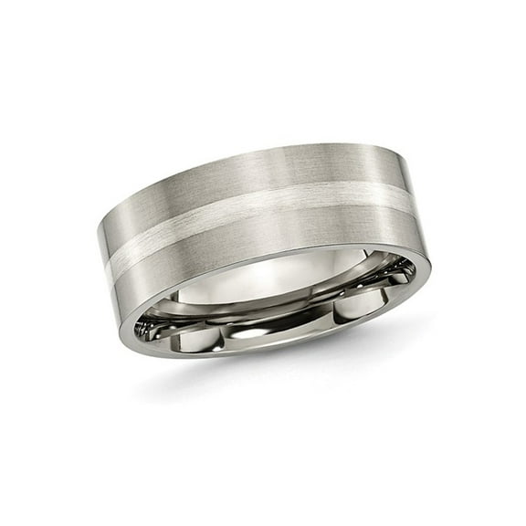 Mens Brushed Titanium Flat Wedding Band Ring with Sterling Silver Inlay (8.00mm) for Men
