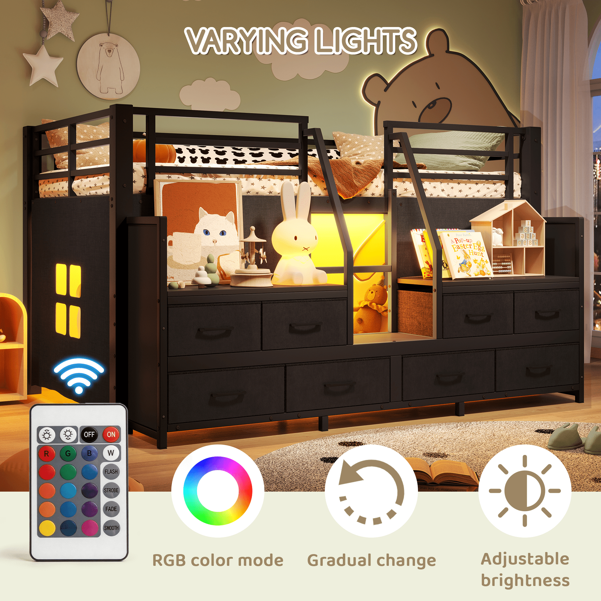 Leumius Twin Size Loft Bed with Multi-storage Spaces,Metal Low Loft Bed with Storage Drawers, Shelves,LED Lights and Independent Spaces Under Bed,No Box Spring Needed,Black