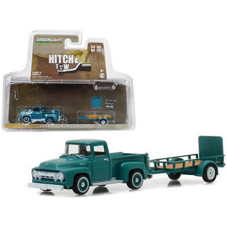 1954 Ford F-100 and Utility Trailer Green Hitch & Tow Series 13 1/64 Diecast Model Car by