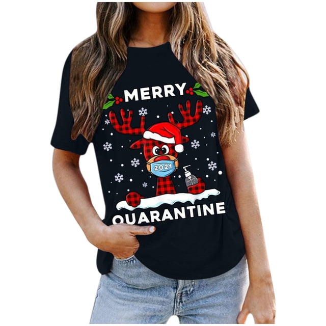 Hauts pour Femmes Décontractés Imprimé de Noël Col Rond T-Shirt Manches Courtes Grande Taille Blouses pour Femmes, Noir, 3TG