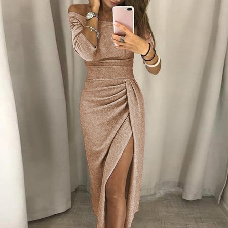 Gold Polyester Off-the-Shoulder Rose-Waist Women s Formal Dress  Women s Bag Hip Slit One-neck Dress Shiny Dress Dinner Dress