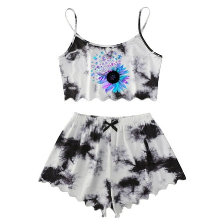 

sebtyili women tie dye printing sleepwear set pajamas sleeveless cami shorts lingerie slim sleepwear set