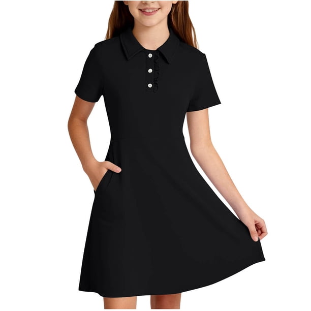 Vestido de niña de poliéster de manga corta con cuello, botones de encaje y bolsillo, color liso