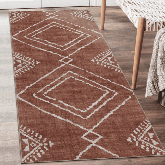 ReaLife Rugs Machine Washable Area Rug Runner - Living Room Bedroom Bathroom Kitchen Entryway Office - Padded Low Pile Stain Resistant Premium - Moroccan Diamond Tribal - Jax - Orange 2'6" x 6'