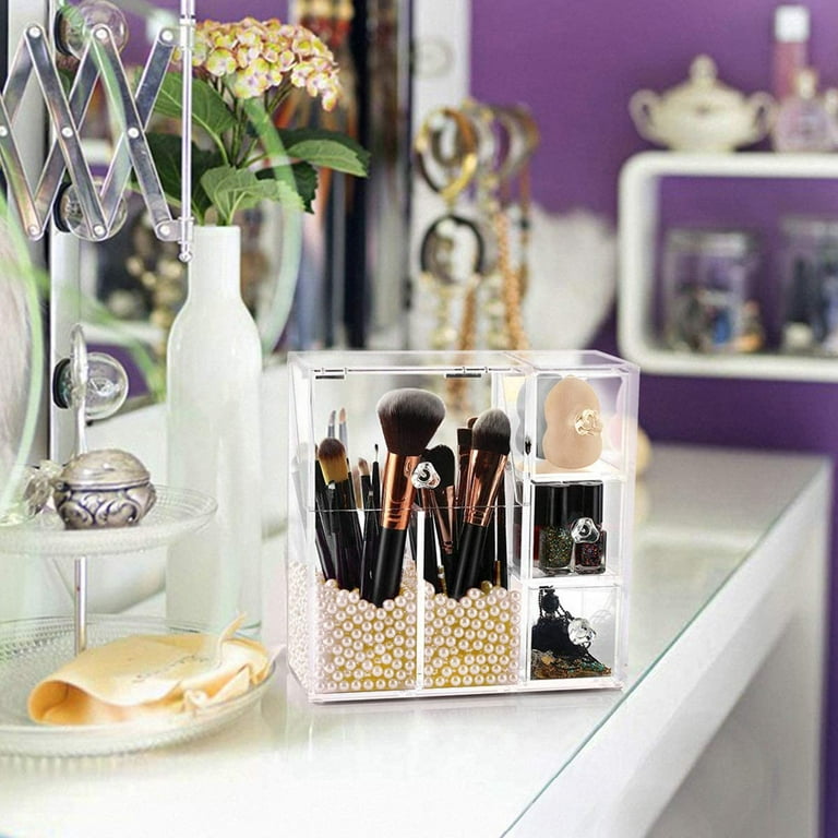 HBlife Makeup Brush Holder, Acrylic Makeup Organizer with 2 Brush Holders  and 3 Drawers Dustproof Box with Free Beige Pearl