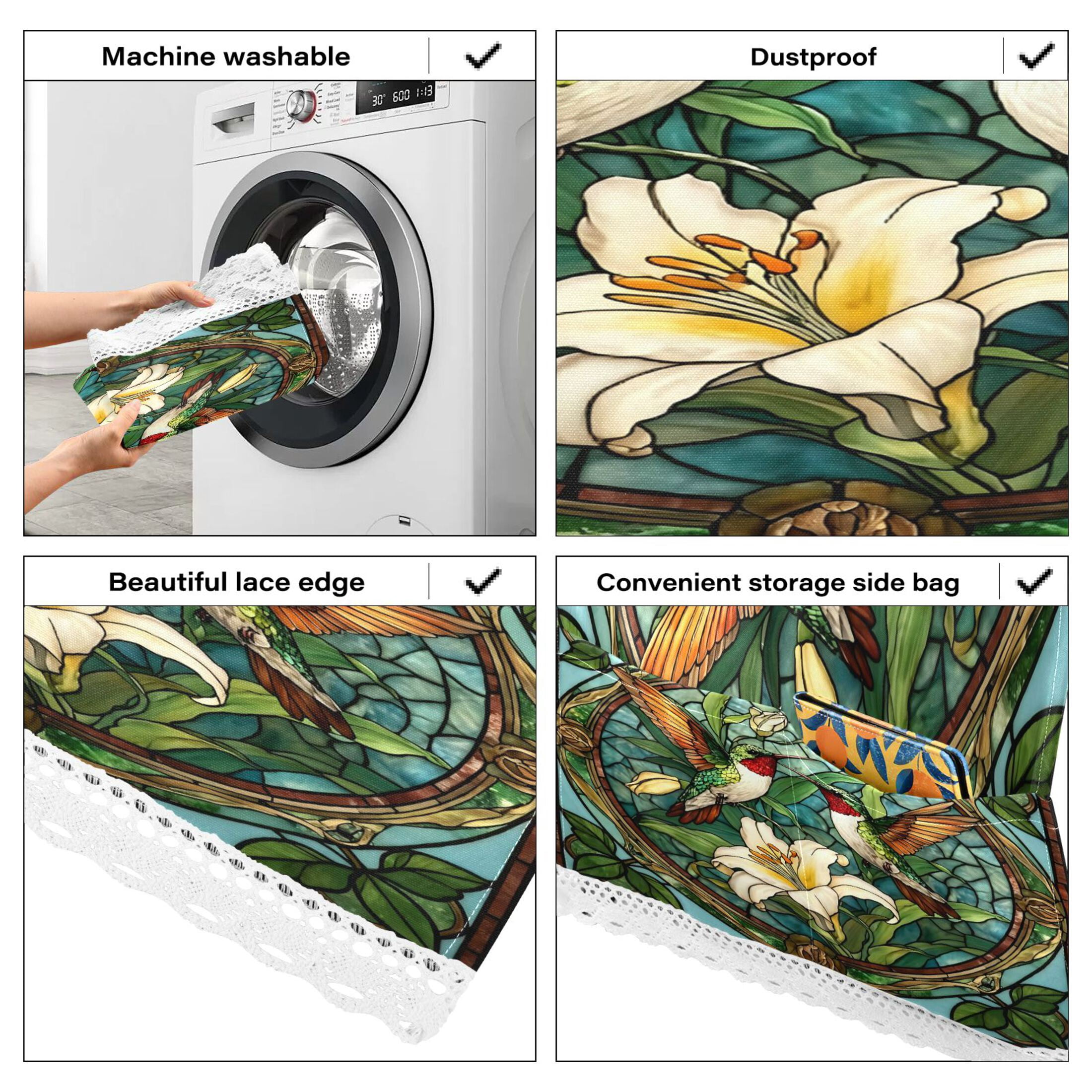 Wobogo Vintage Glass Bird Washing Machine Cover Dustproof Washer Dryer Cover Waterproof Laundry Room Decorative Protector