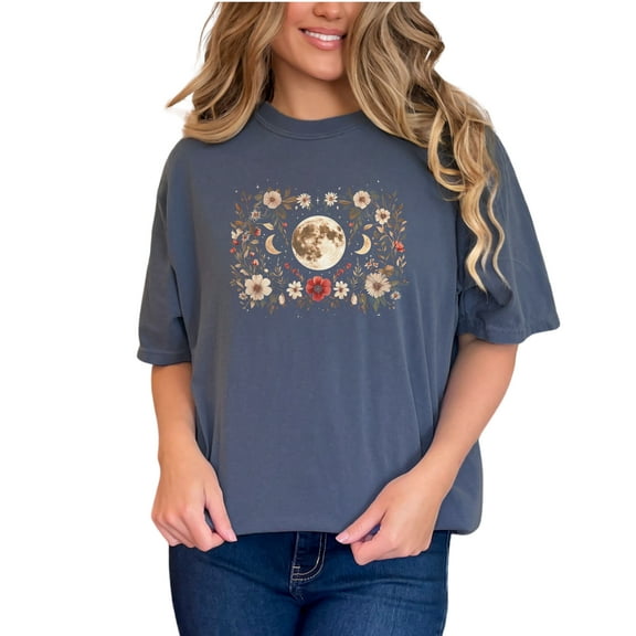 Floral Moon Phases T-Shirt, Boho Lunar Cycle Art Tee, Botanical Celestial Design Shirt, Vintage Astronomy Graphic, Unisex Nature Top, Denim Comfort Colors T-Shirt, Small