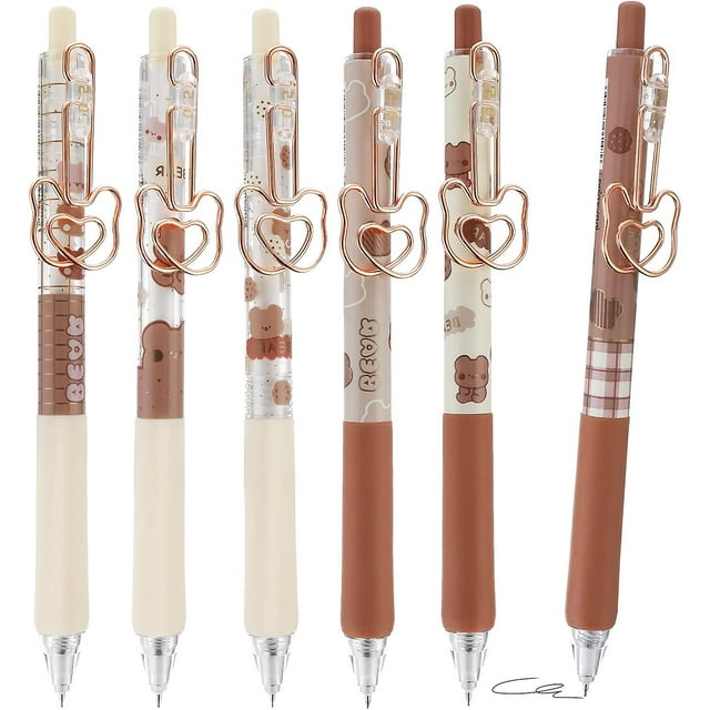 6-Pack Cute Gel Ink Pens 0.5 mm Kawaii Bear Design Black Smooth Pens for School Office Gifts