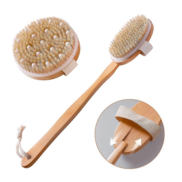 Dry Brush 2 Piece Body Brush Set, Natural Brush For Removing Dry Skin Exfoliation, Abrasive Long Handle Shower Back Brush, Dry Brush For Cellulite And