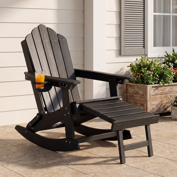 LAUSAINT HOME Folding Adirondack Rocking Chair with Retractable Ottoman, HDPE Outdoor Rocker Chair with Cup Holder & Removable Rocking Base for Patio, Porch, Backyard, Poolside, Black