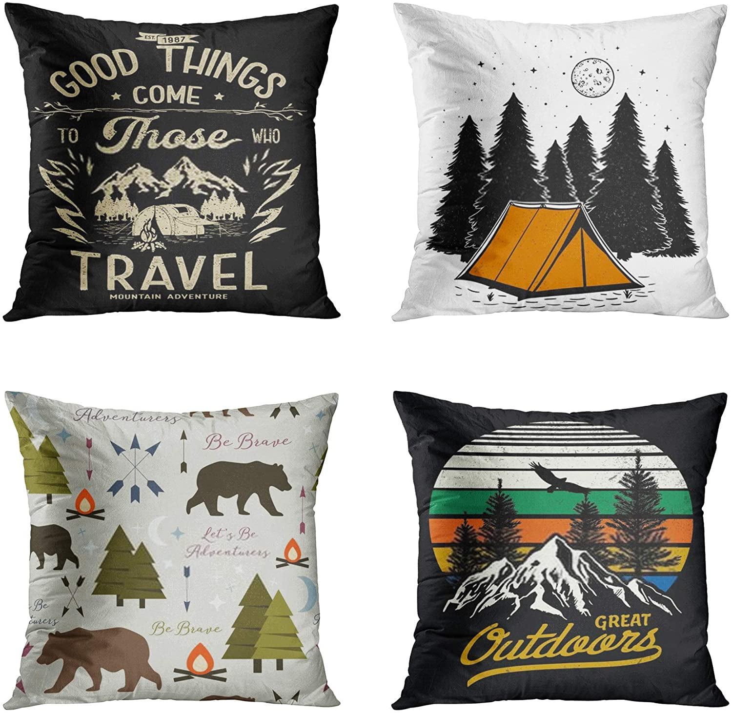 ECZJNT Set of 4 Pillow Cases Camper on Mountain Camp Retro Adventure