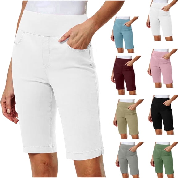 Elvqul Womens Shorts Pockets Shorts Mid Rise Casual Dreesy Quick Dry Elastic Waist Summer Pull On Solid Bermuda Shorts for Women