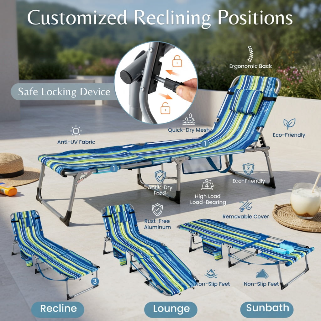 Hommoo Portable Folding Tanning Chair with Face Hole & Adjustable Backrest, Lightweight Sunbathing Lounger for Beach, Pool, Backyard, Blue & Green