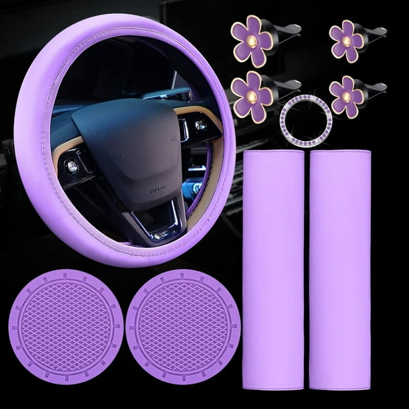 Chak's Choice 10 Pcs Accessoires de Voiture Ensemble de Housse de Volant en Cuir, Housse de Volant de Voiture pour Femmes avec Coussinets de Ceinture de Sécurité Porte-Gobelets Bouton de Démarrage, Violet