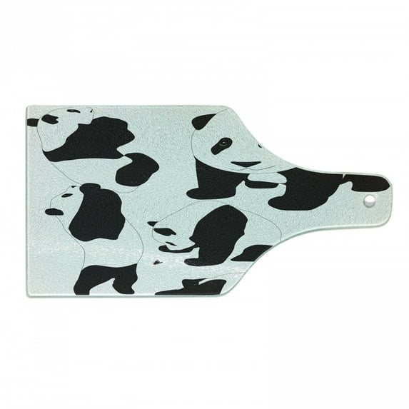 Zoo Cutting Board, Drawing of Pandas Milk Bottle Fly Animal Mammal, Decorative Tempered Glass Cutting and Serving Board, Wine Bottle Shape, Charcoal Grey White, by Ambesonne